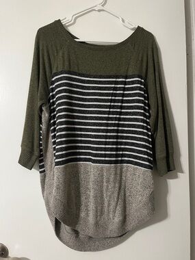 Maurices Olive Green, Black & White Striped Knit Pullover